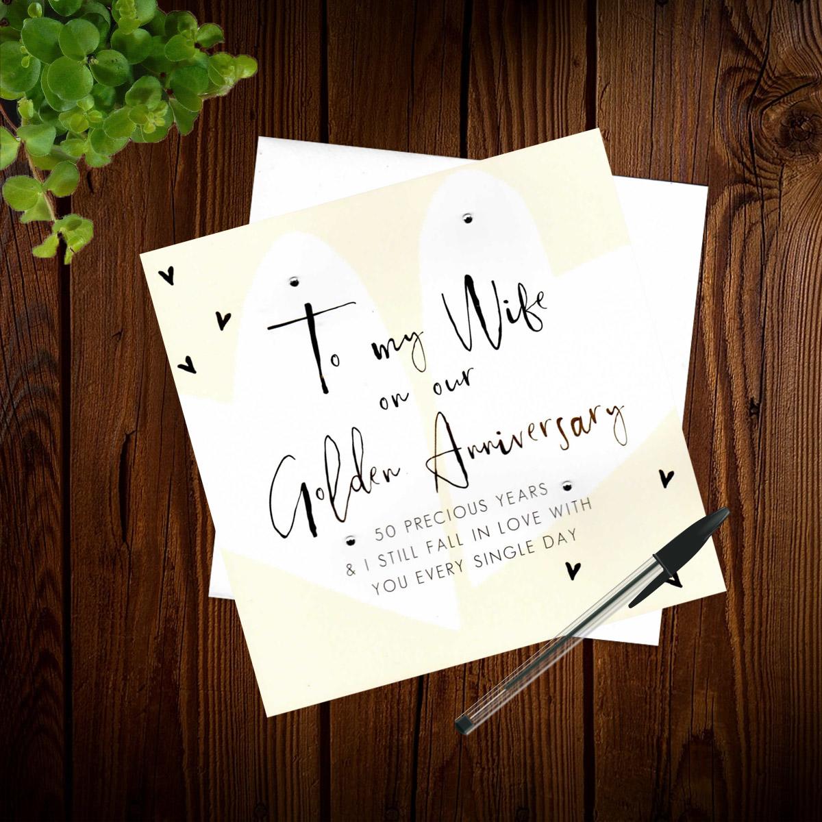 Wife 50th Anniversary Card Alongside Its Envelope