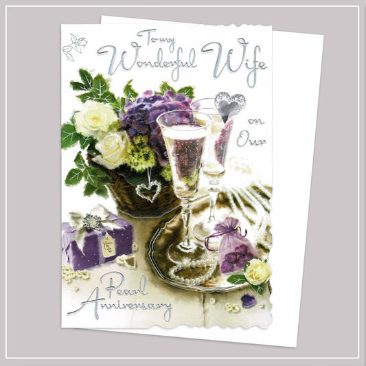 Wife Pearl Anniversary Card Alongside Its White Envelope