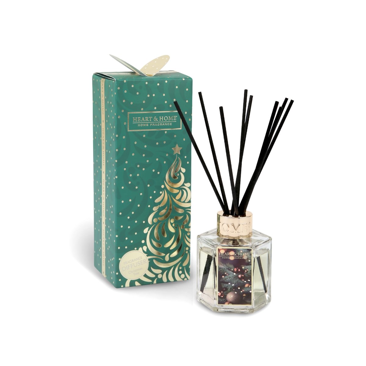 Christmas Tree Reed Diffuser Shown Alongside Gift Box