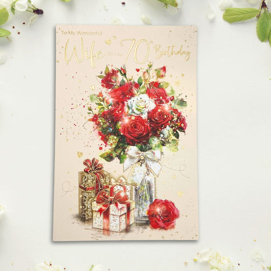 Wife 70th Birthday Card - Red Roses & Gifts