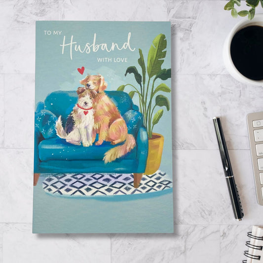 Husband Birthday Card - Illustrated Dogs On Couch