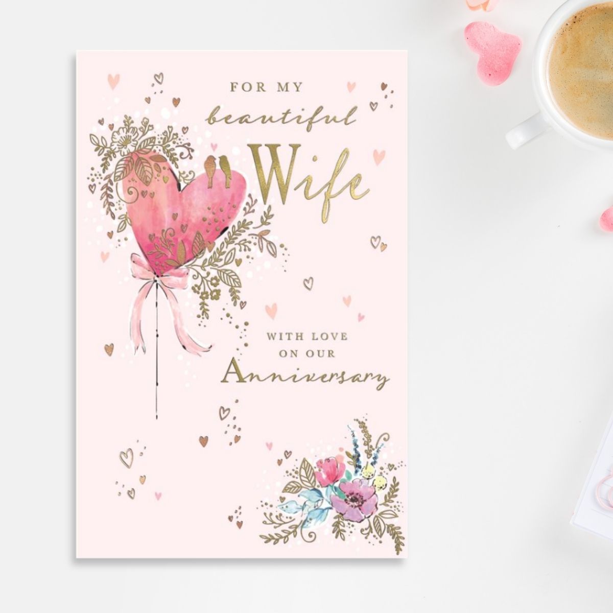 Wife Anniversary Card - Beautiful Heart & Floral Border