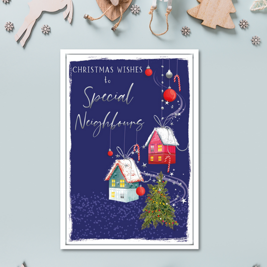 Neighbours Christmas Card - Skylight Hanging Houses & Baubles