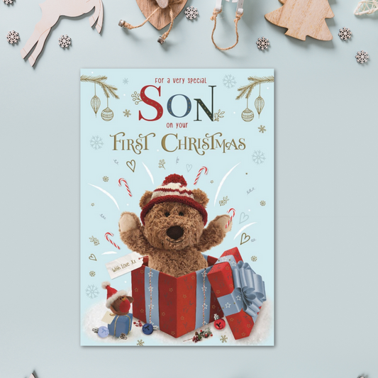 Son 1st Christmas Card - Barley Bear In Gift Bow