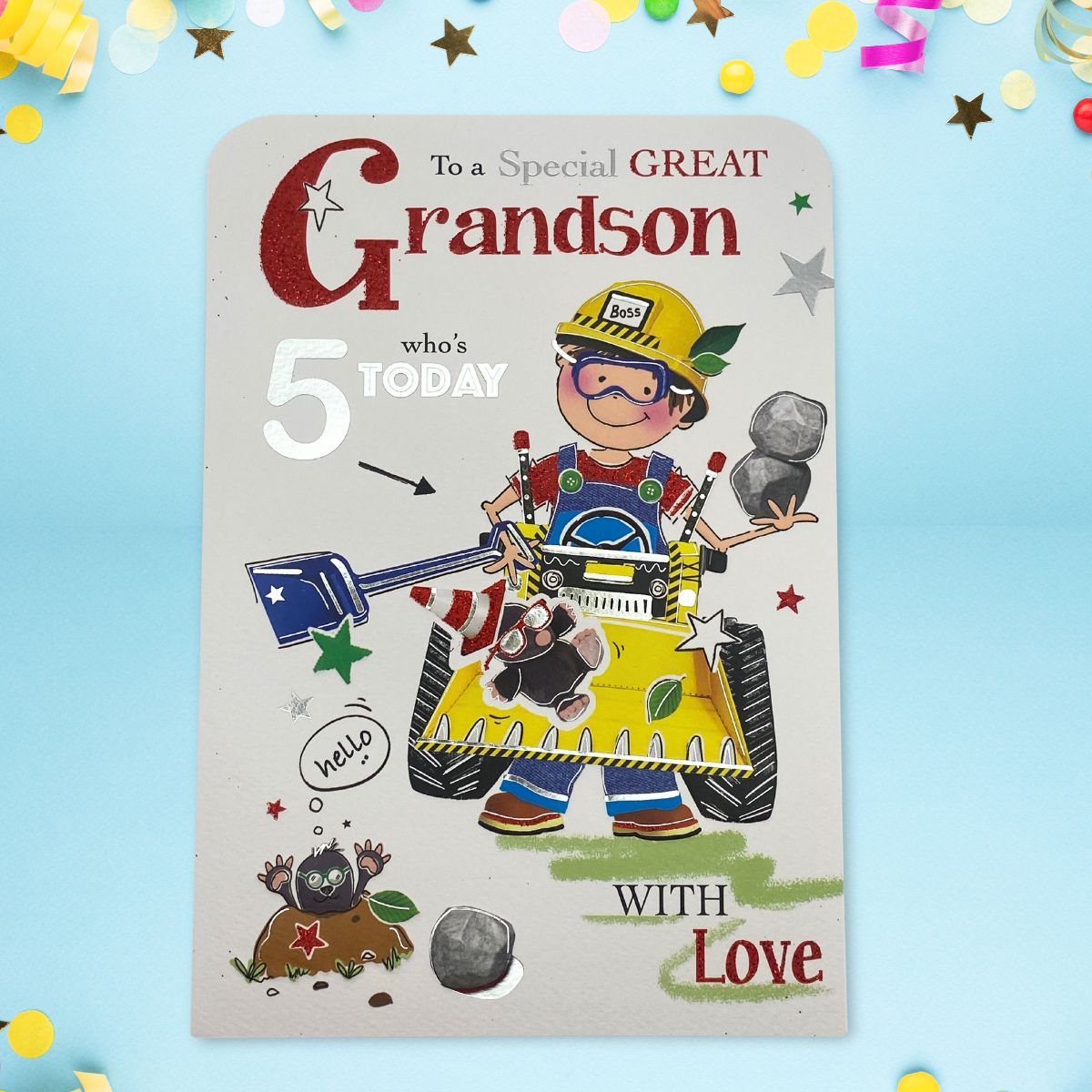 Great Grandson 5th Birthday Card - Twingles Digger Boss