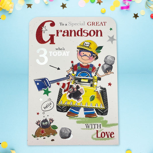 Great Grandson 3rd Birthday Card - Twingles Digger Boss