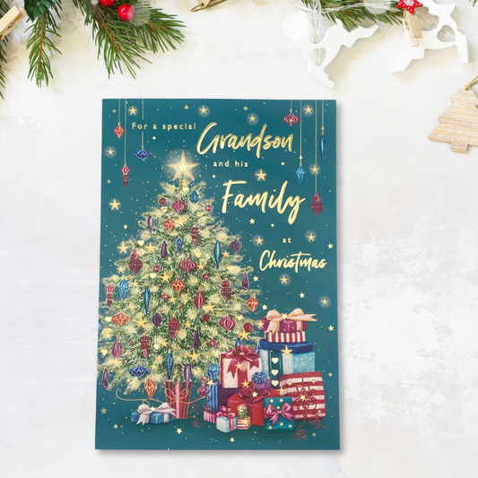 Grandson & Family Christmas Card - Just For You Tree & Gifts