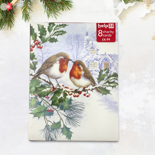 Christmas Charity Cards - 8 x Robins On Snowy Branch