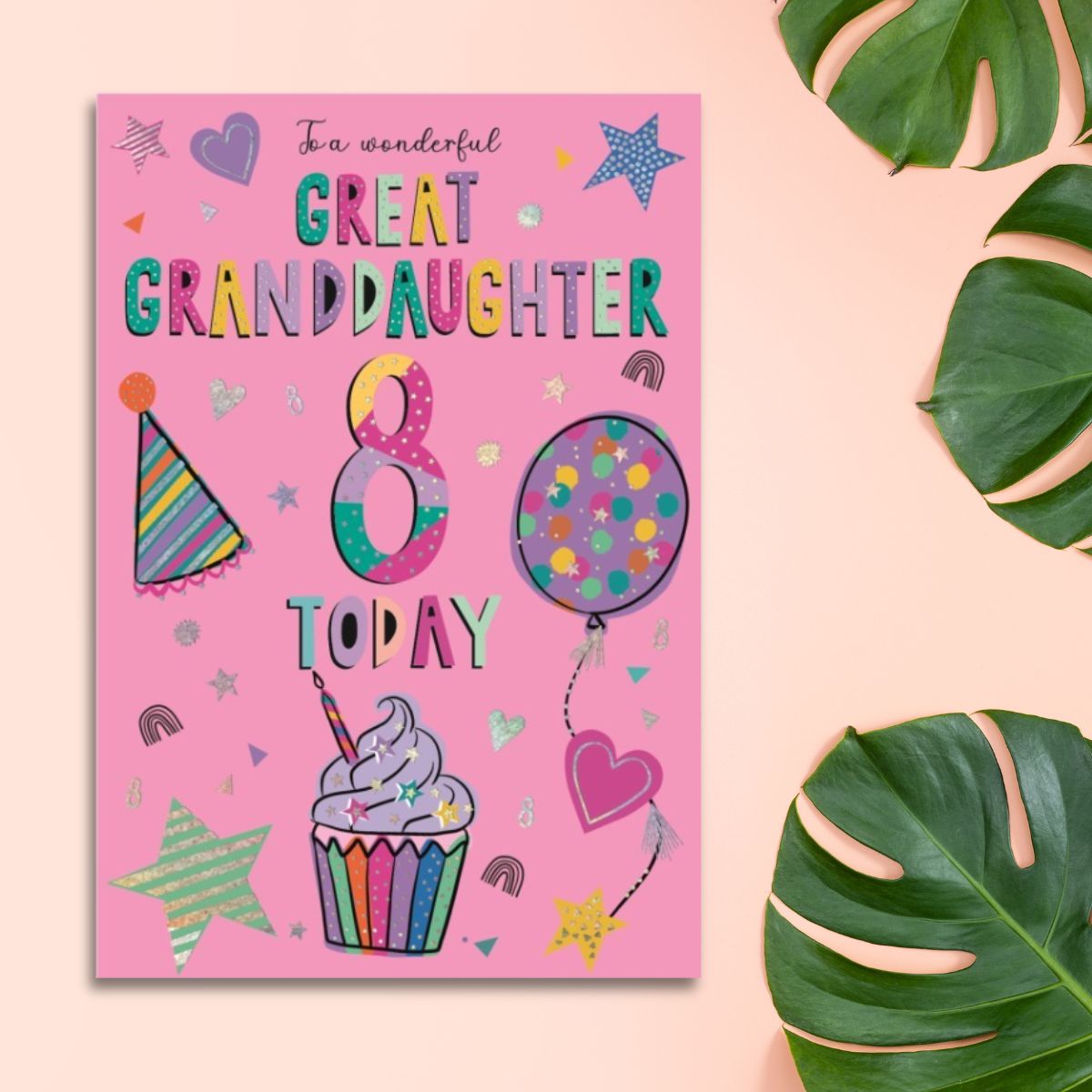 Great Granddaughter 8th Birthday Card - Cupcake & Balloon
