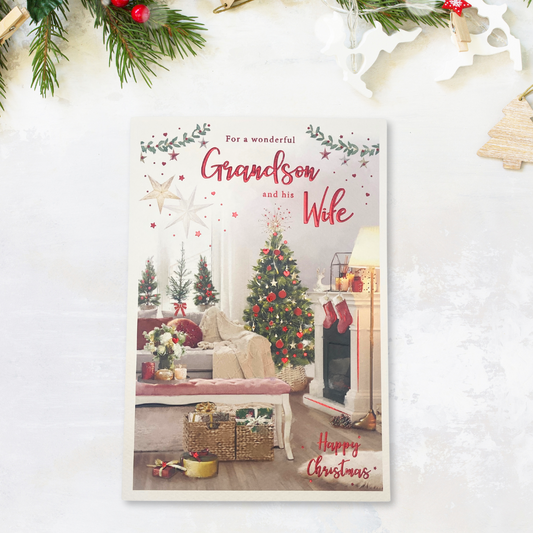 Grandson & Wife Christmas Card - Essence Fireside Scene