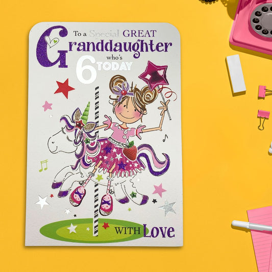 Great Granddaughter 6th Birthday Card - Twingles Carousel