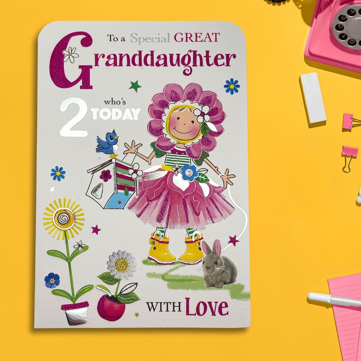 Great Granddaughter 2nd Birthday Card - Twingles Bunny & Birdhouse