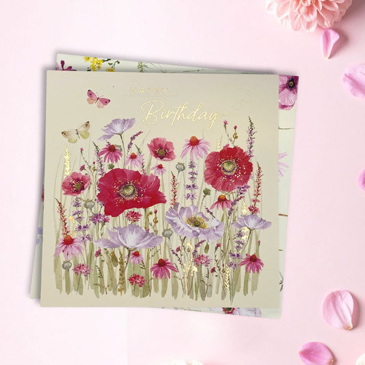 Blooming Birthday Card - Pink Flowers & Butterflies