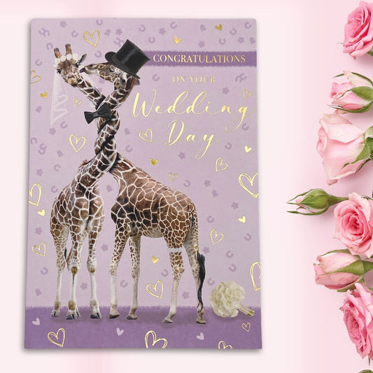 Wedding Day Card - Congratulations Giraffes Embrace