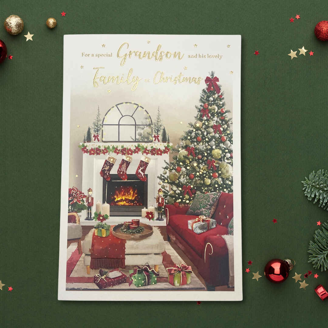 Grandson & Family Christmas Card - Essence Fireside Scene