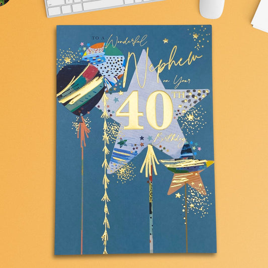 Nephew 40th Birthday Card - Lumino Cake & Balloons