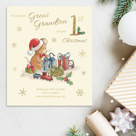 Great Grandson 1st Christmas Card - Festive Mouse