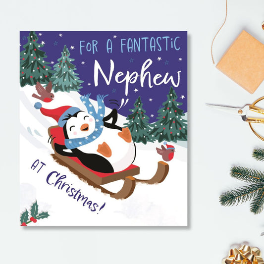 Nephew Christmas Card  - Sleigh Penguin
