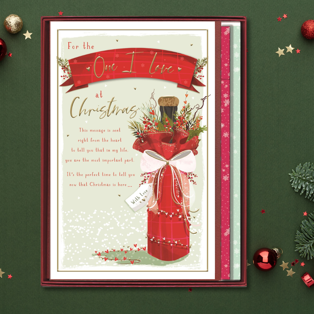 One I Love Boxed Christmas Card - Skylight Gift Wrapped Bottle