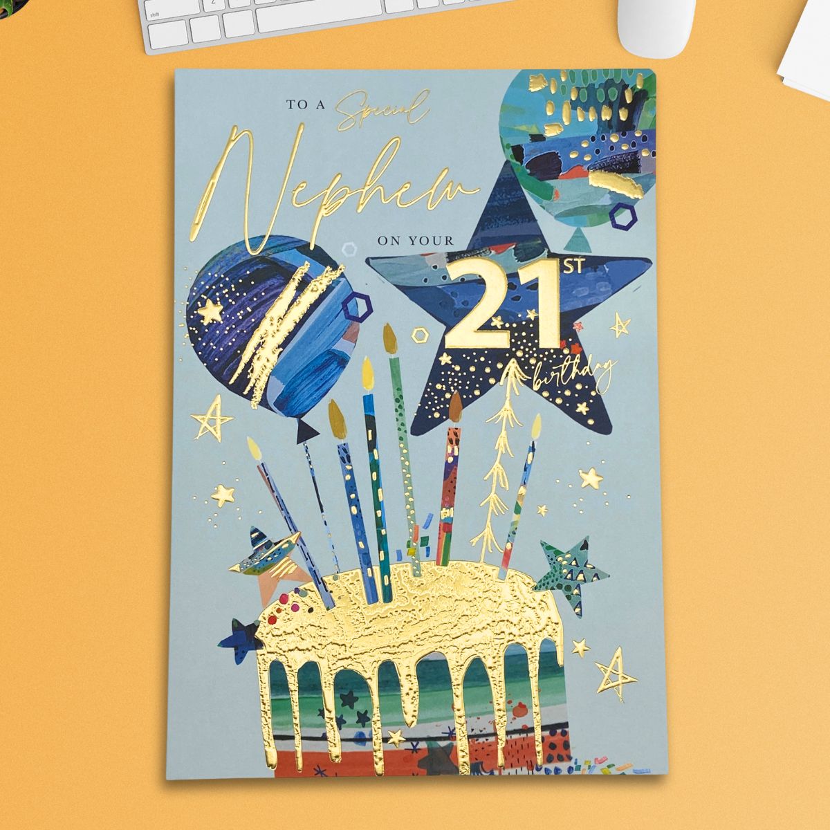 Nephew 21st Birthday Card - Lumino Cake & Balloons