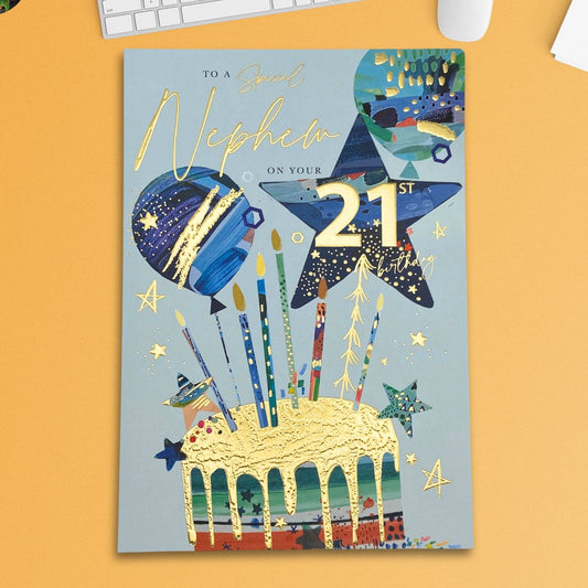 Nephew 21st Birthday Card - Lumino Cake & Balloons