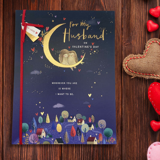 Husband Valentine's Day Large Card - Owls On Moon