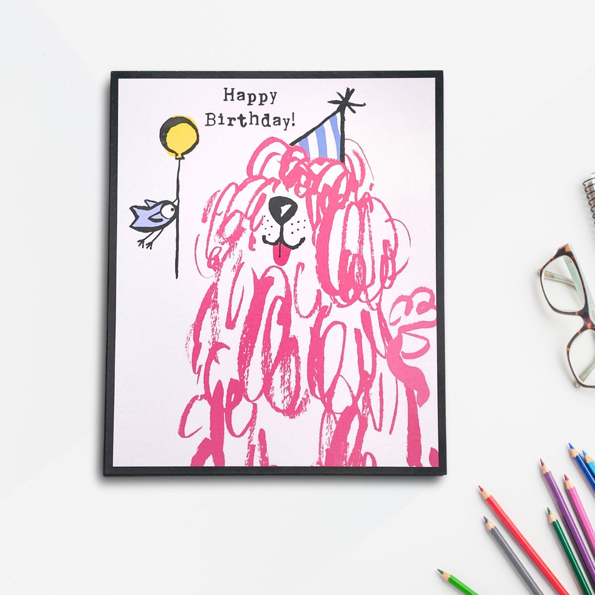 Doodle Birthday Card - Pink Dog & Bird