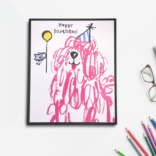 Doodle Birthday Card - Pink Dog & Bird