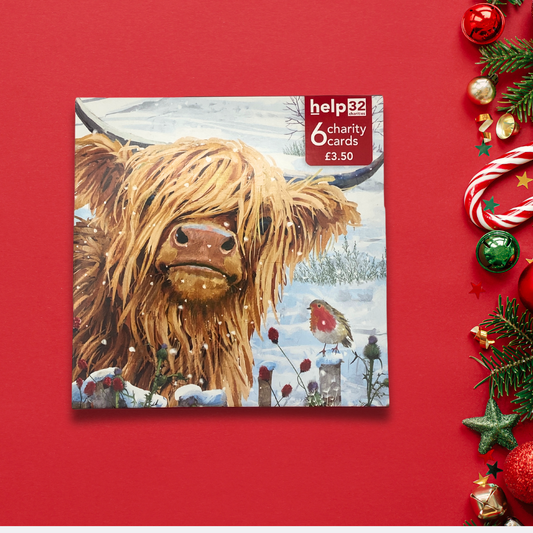 Charity Christmas Cards - 6 x Highland Cow & Robin