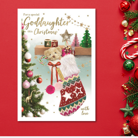 Goddaughter Christmas Card - Essence Stocking & Teddy