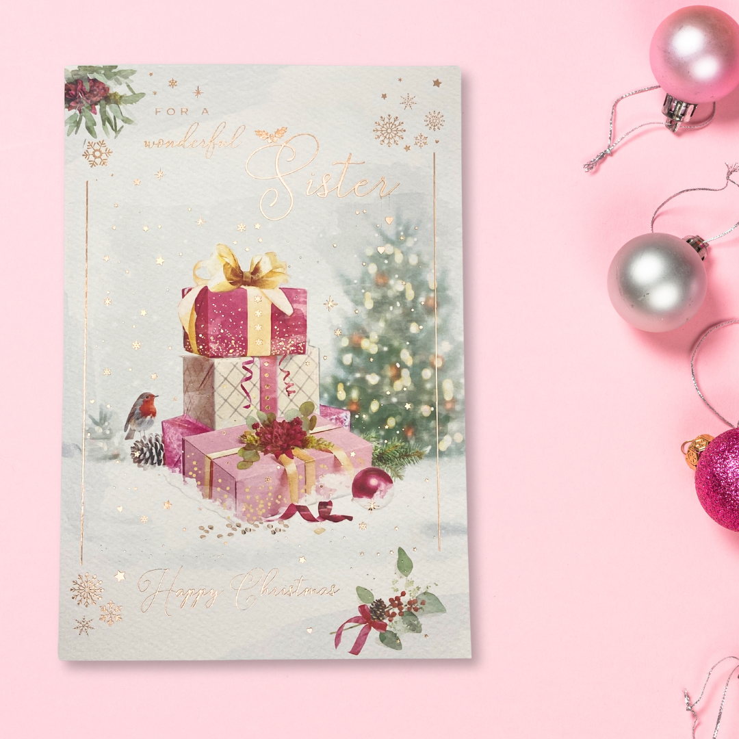 Sister Christmas Card - Brighstone Pink Gifts In Snow