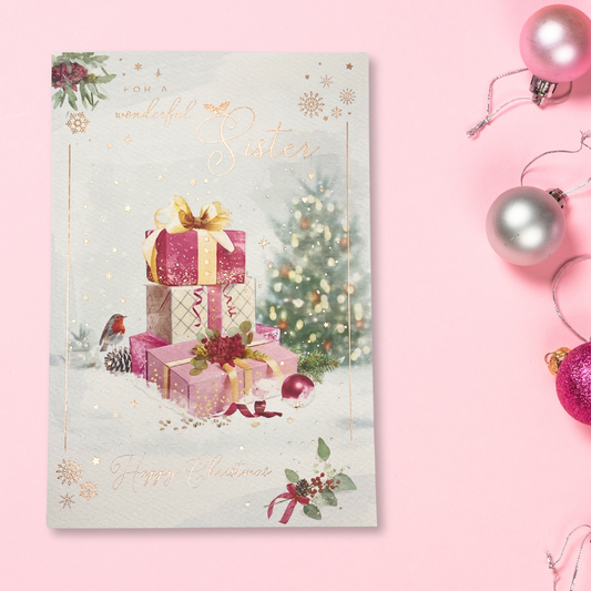 Sister Christmas Card - Brighstone Pink Gifts In Snow