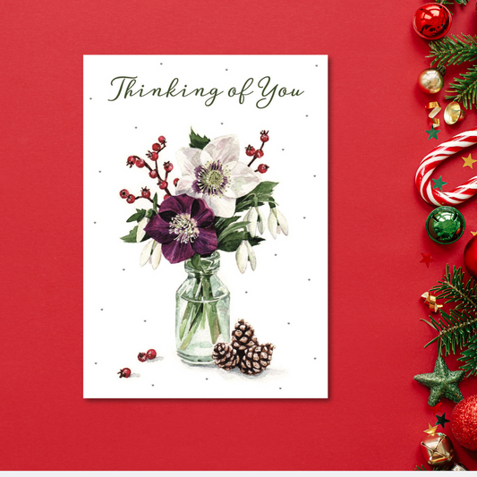 Thinking Of You Christmas Card - Floral Vase & Pine Cones