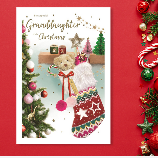 Granddaughter Christmas Card - Essence Stocking & Teddy