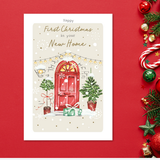 First Christmas In New Home Christmas Card - Sabina Red Door Scene