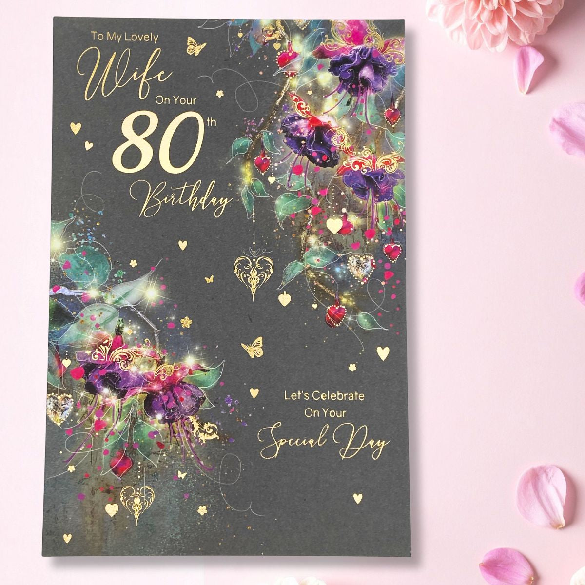 Wife 80th Birthday Card - Grace Flowers & Butterflies