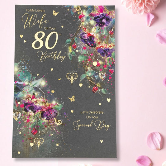 Wife 80th Birthday Card - Grace Flowers & Butterflies