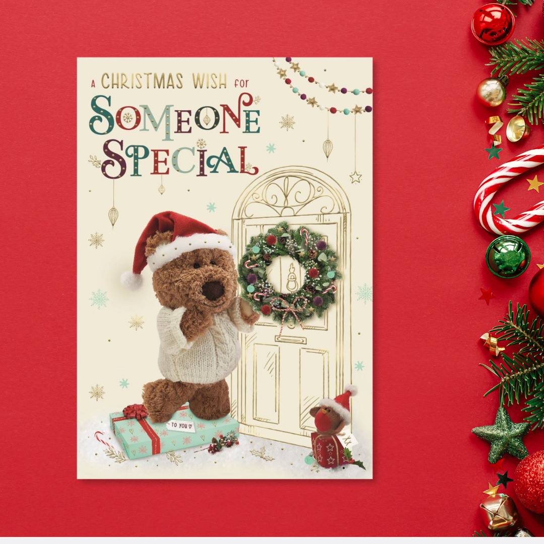 Someone Special Christmas Card - Barley Bear Hanging Wreath