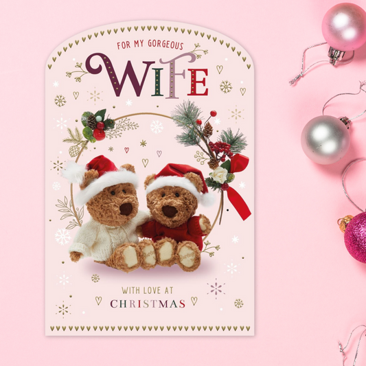 Wife Christmas Card - Barley Bears On Floral Hoop