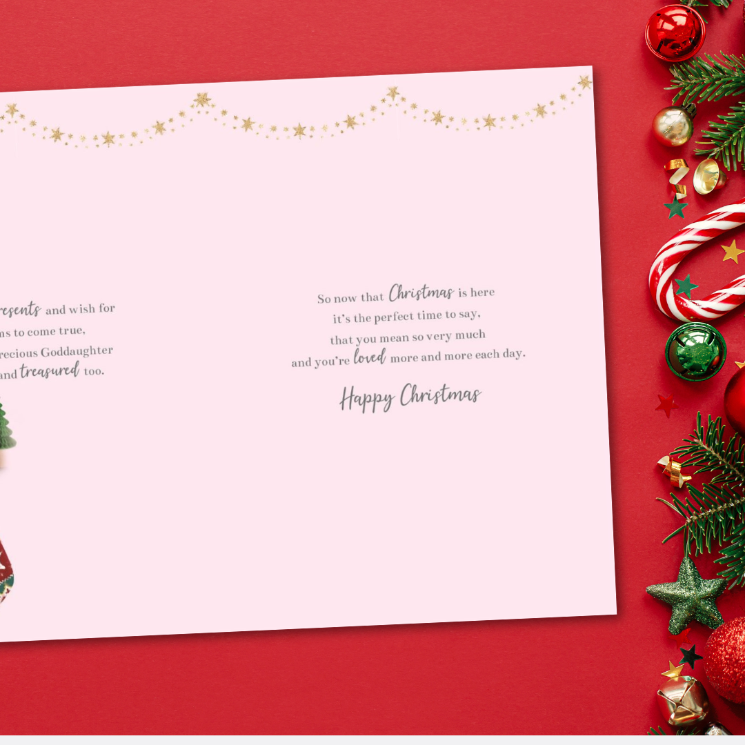 Goddaughter Christmas Card - Essence Stocking & Teddy