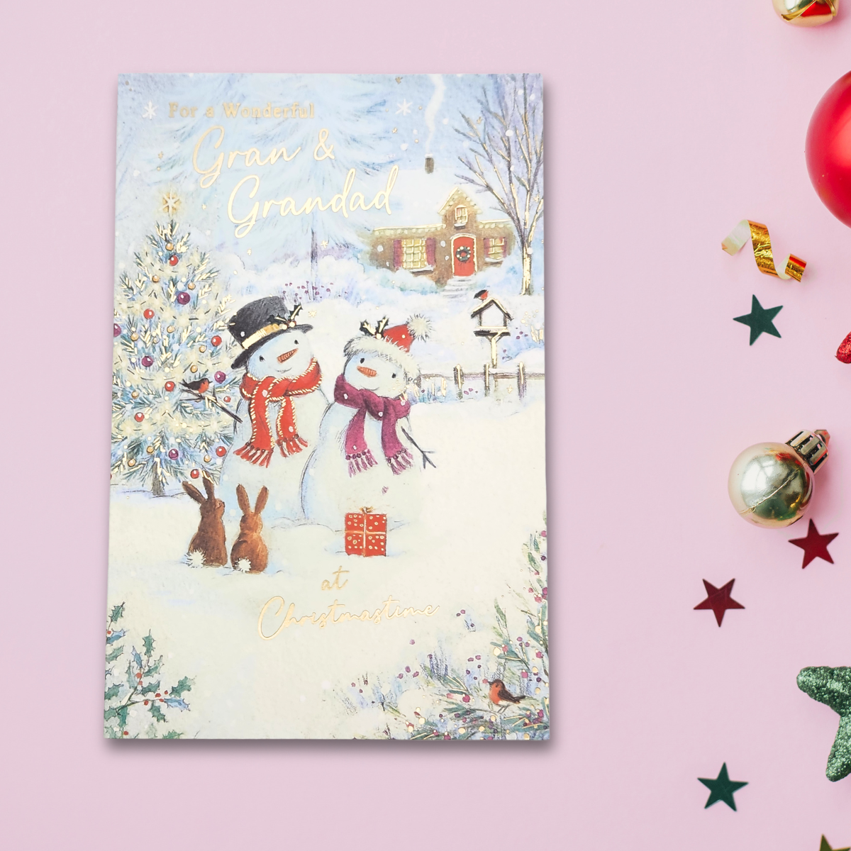 Gran & Grandad Christmas Card - Snow Couple & Friends