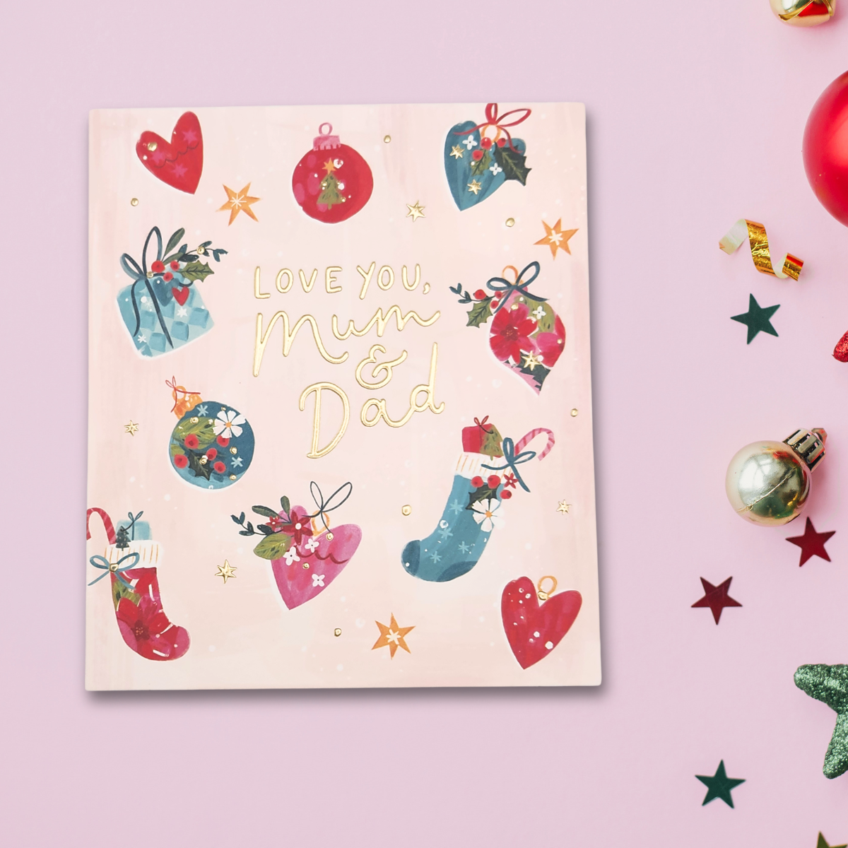 Mum & Dad Christmas Card - Colourful Stockings & Baubles