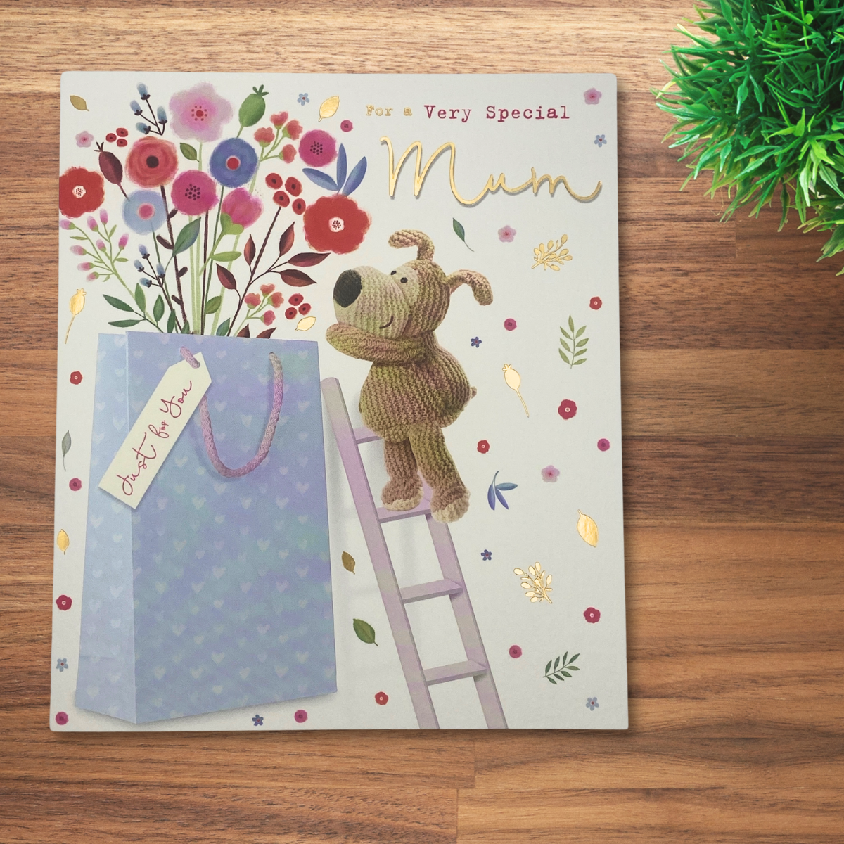 Mum Birthday Card - Boofle Bear Gift Bag Of Flowers