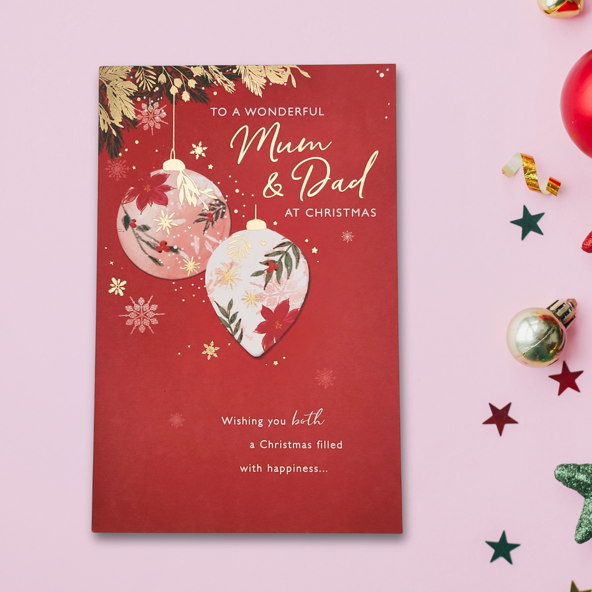 Mum & Dad Large Christmas Card - Floral Baubles