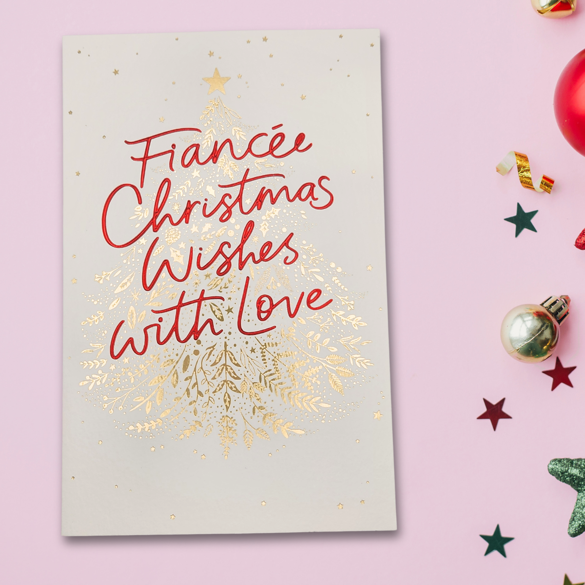 Fiancée Christmas Card - Gold & Red Tree