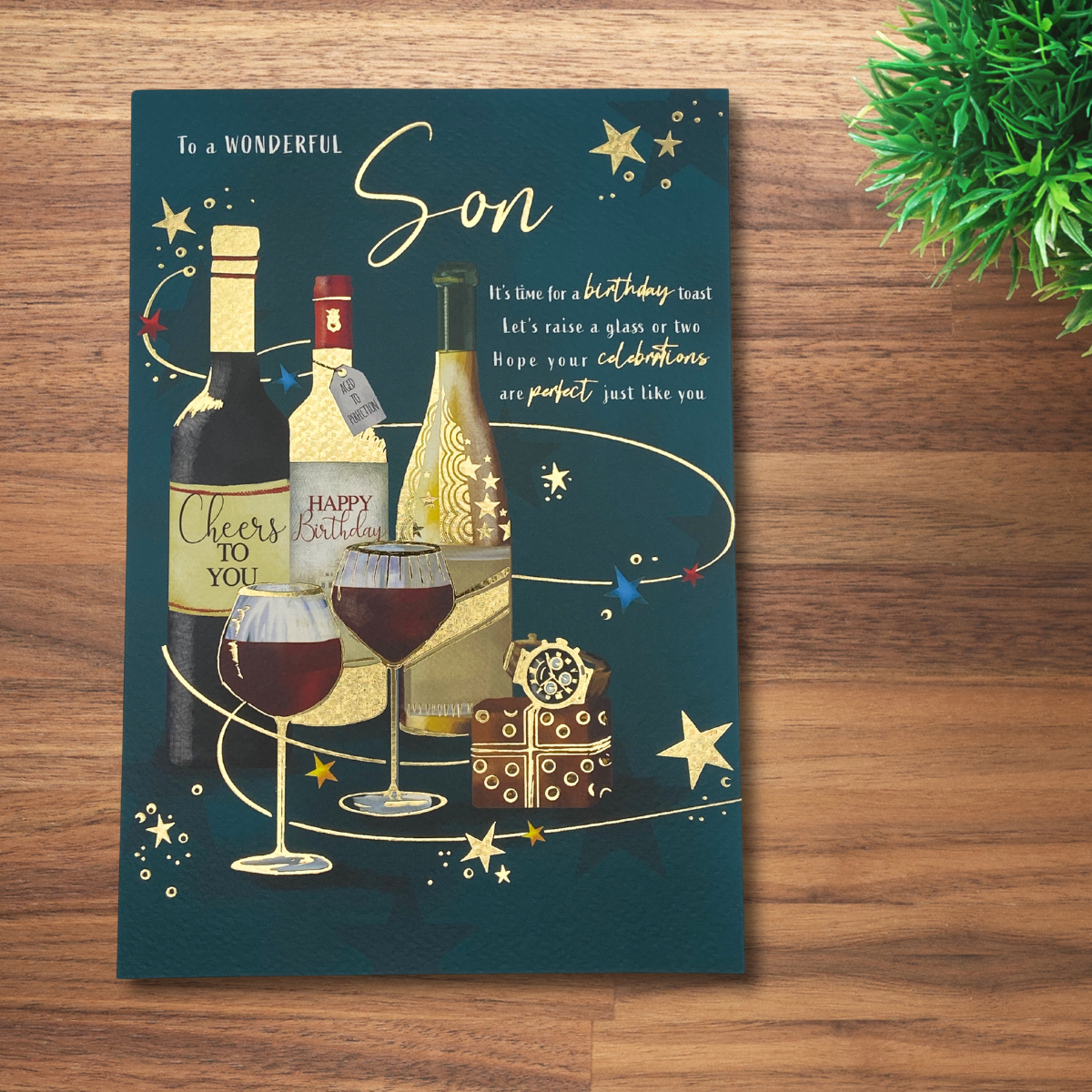 Son Birthday Card - Red Wine & Gifts