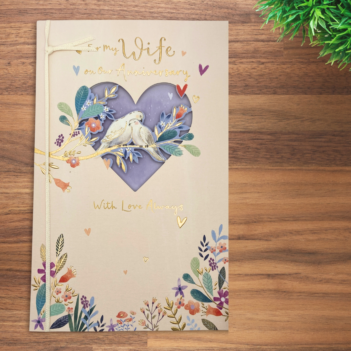 Wife Anniversary Card - Lace Doves & Hearts