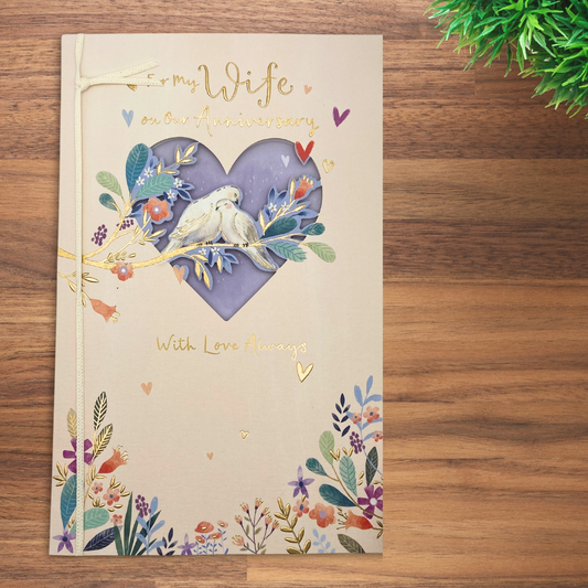 Wife Anniversary Card - Lace Doves & Hearts