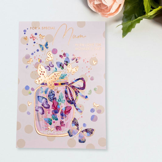 Mum Mother's Day Card - Elderflower BuTterfly Mason Jar