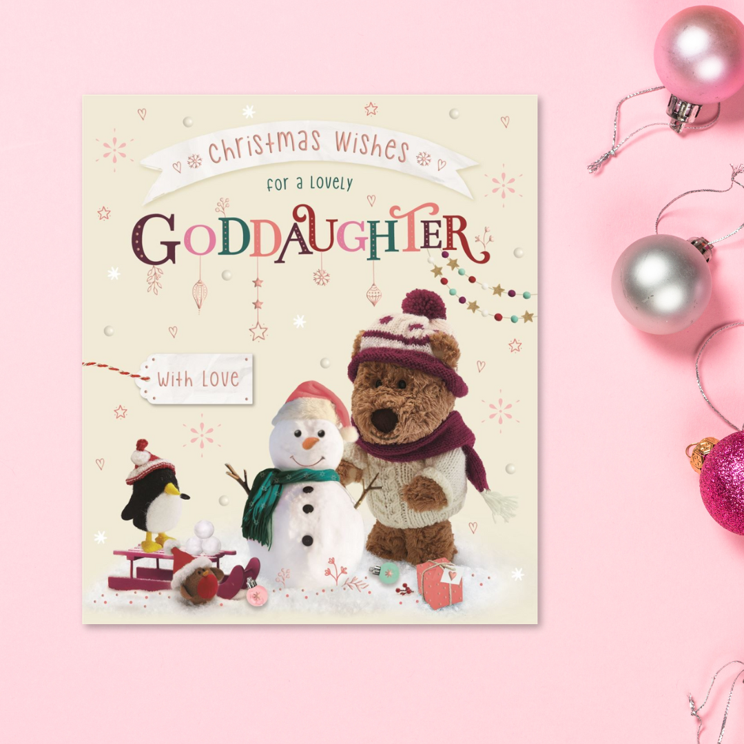 Goddaughter Christmas Card - Barley Bear & Snowman